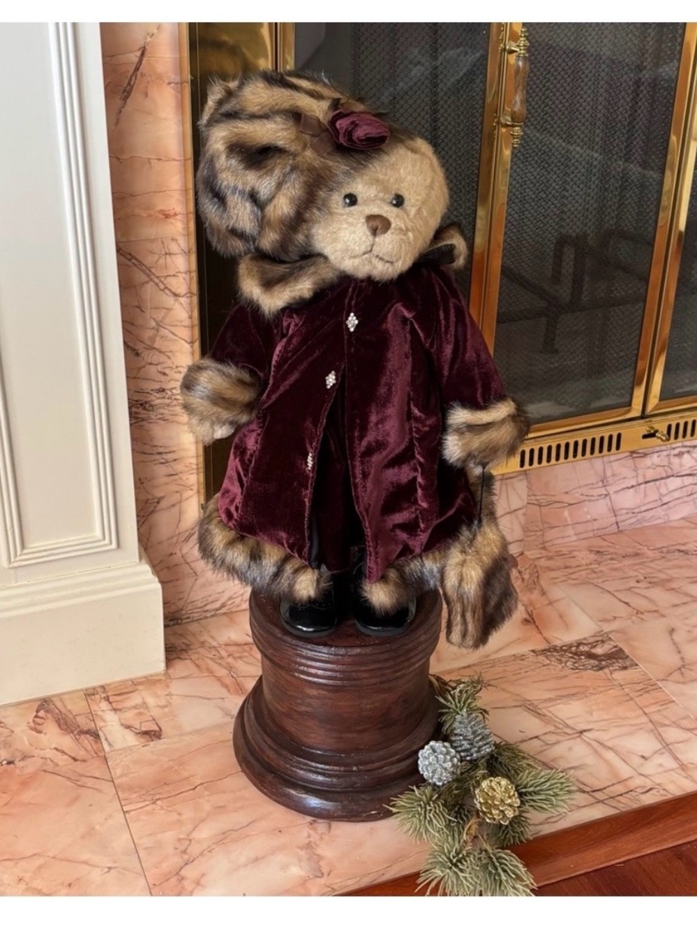 Vintage Victorian Teddy Bear Standing Plush Burgundy Velvet Faux Fur Coat 20 Y2K
